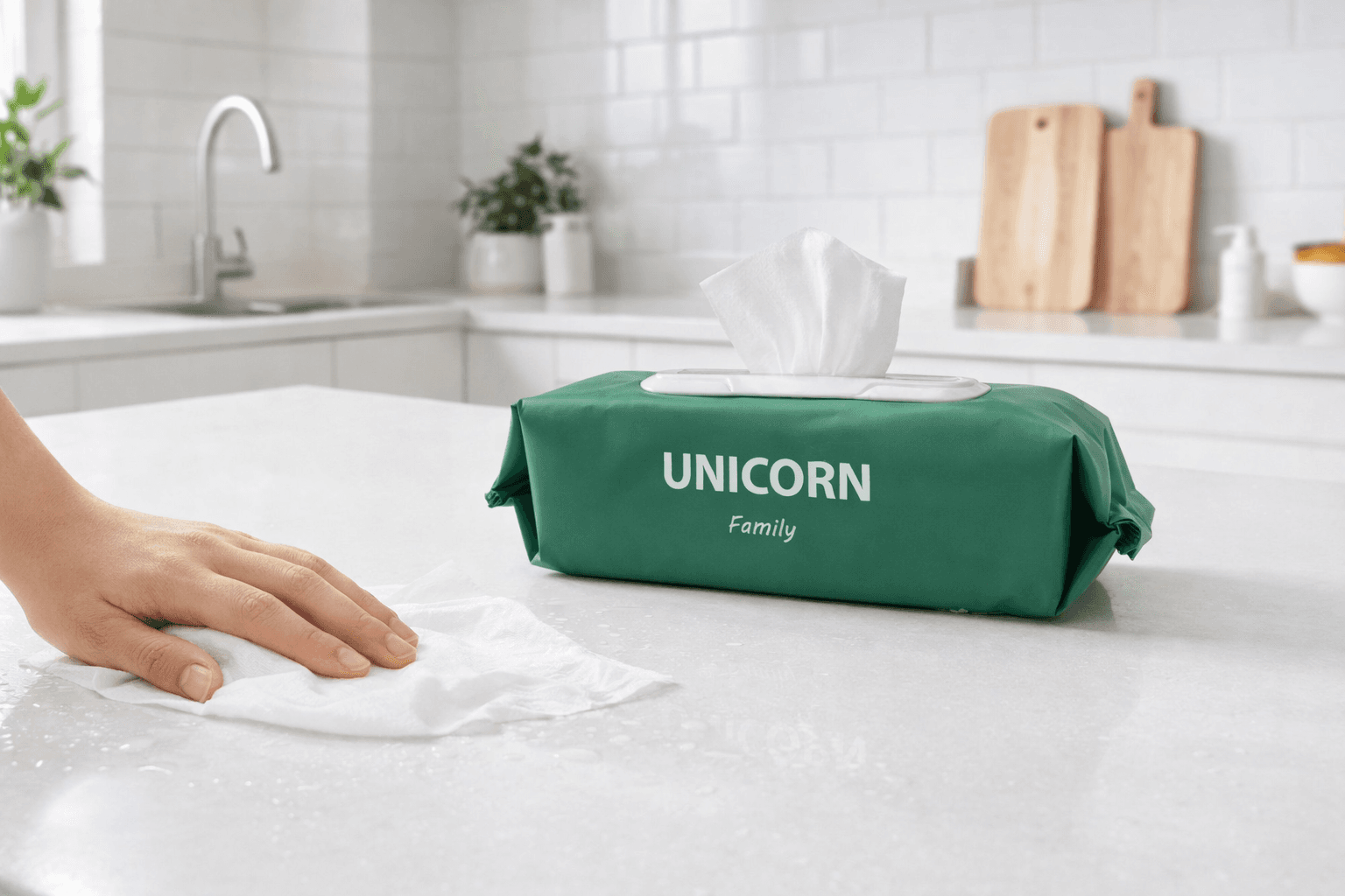 Кухонная столешница очищается влажными салфетками