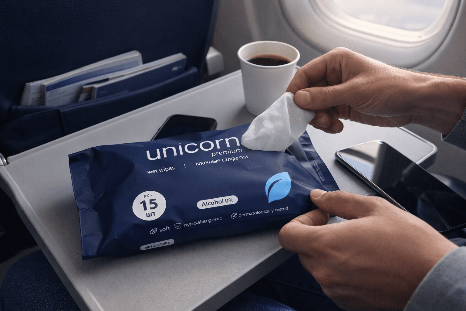 Человек использует салфетки во время поездки