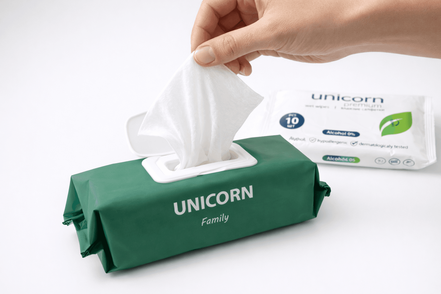 Рука достает салфетку UNICORN из упаковки, демонстрация правильного использования